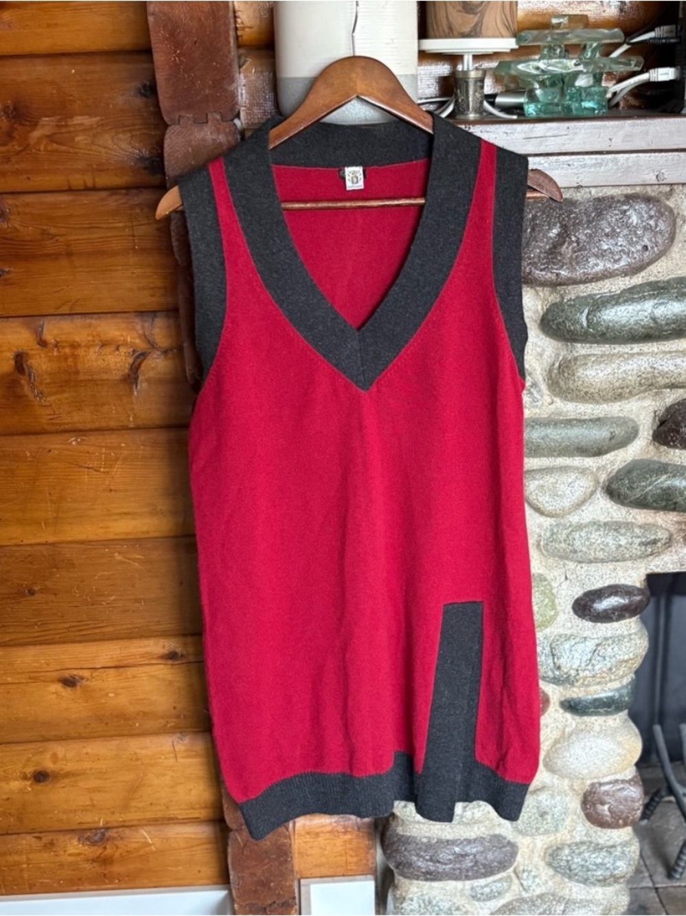 Portolano 100% Cashmere Colorblock Long Tunic Sweater Vest Red L
